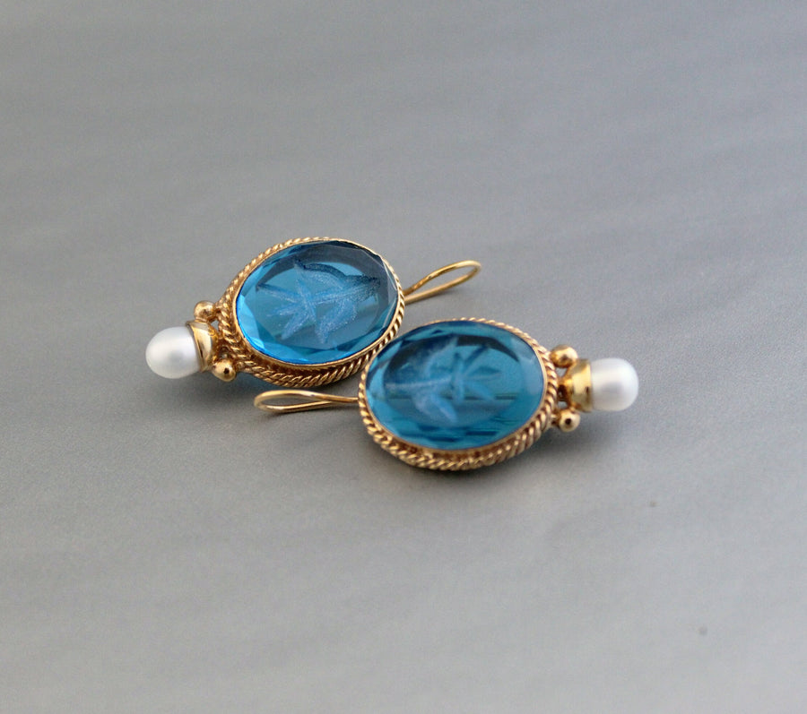 Blue Glass Intaglio Earrings, Vintage Victorian Style, 18K Gold, photo 4