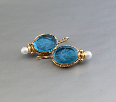 Blue Glass Intaglio Earrings, Art Deco Pearl Drops, 18K Gold Vermeil, photo 4