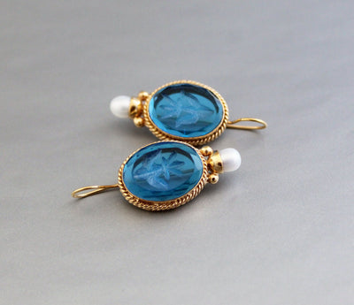 Blue Glass Intaglio Earrings, Vintage Victorian Style, 18K Gold, photo 7