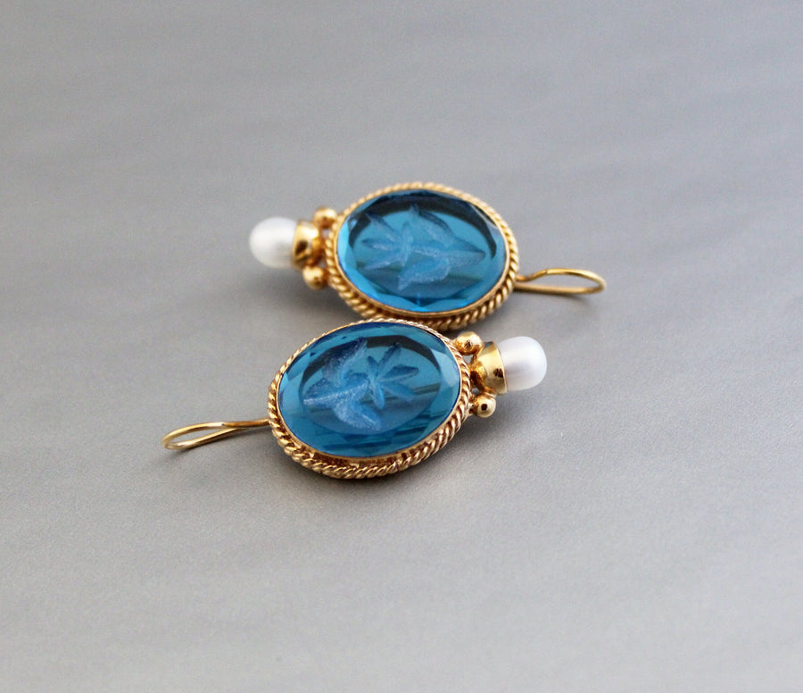 Blue Glass Intaglio Earrings, Vintage Victorian Style, 18K Gold, photo 7