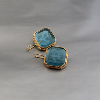 Blue Intaglio Glass Earrings, Victorian Style, Brass, photo 7