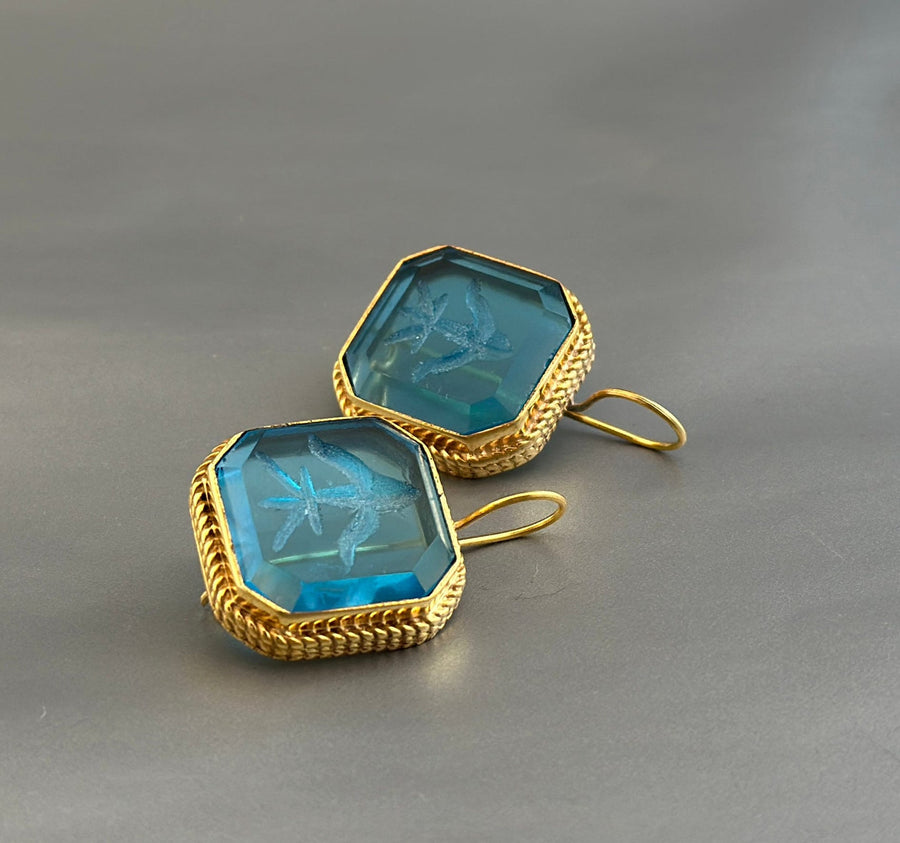 Blue Intaglio Glass Earrings, Victorian Style, Brass, photo 6