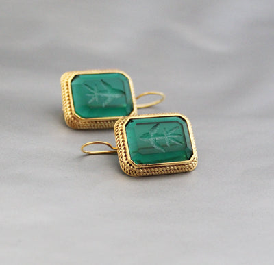Green Intaglio Glass Earrings, Art Deco Style, Brass, photo 5
