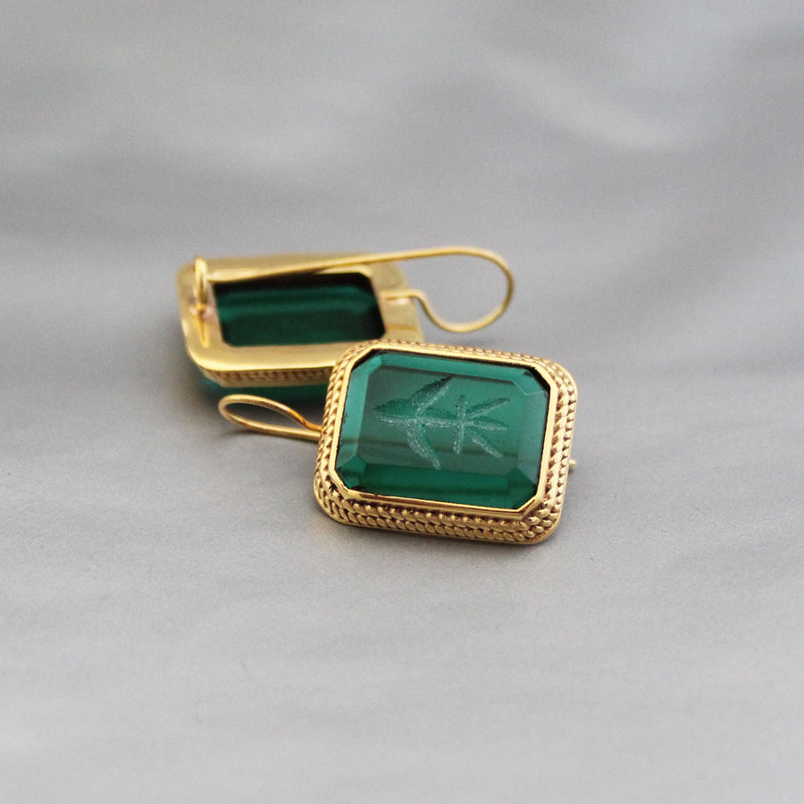 Green Intaglio Glass Earrings, Art Deco Style, Brass, photo 2