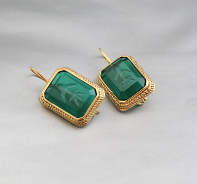 Green Intaglio Glass Earrings, Art Deco Style, Brass, photo 10
