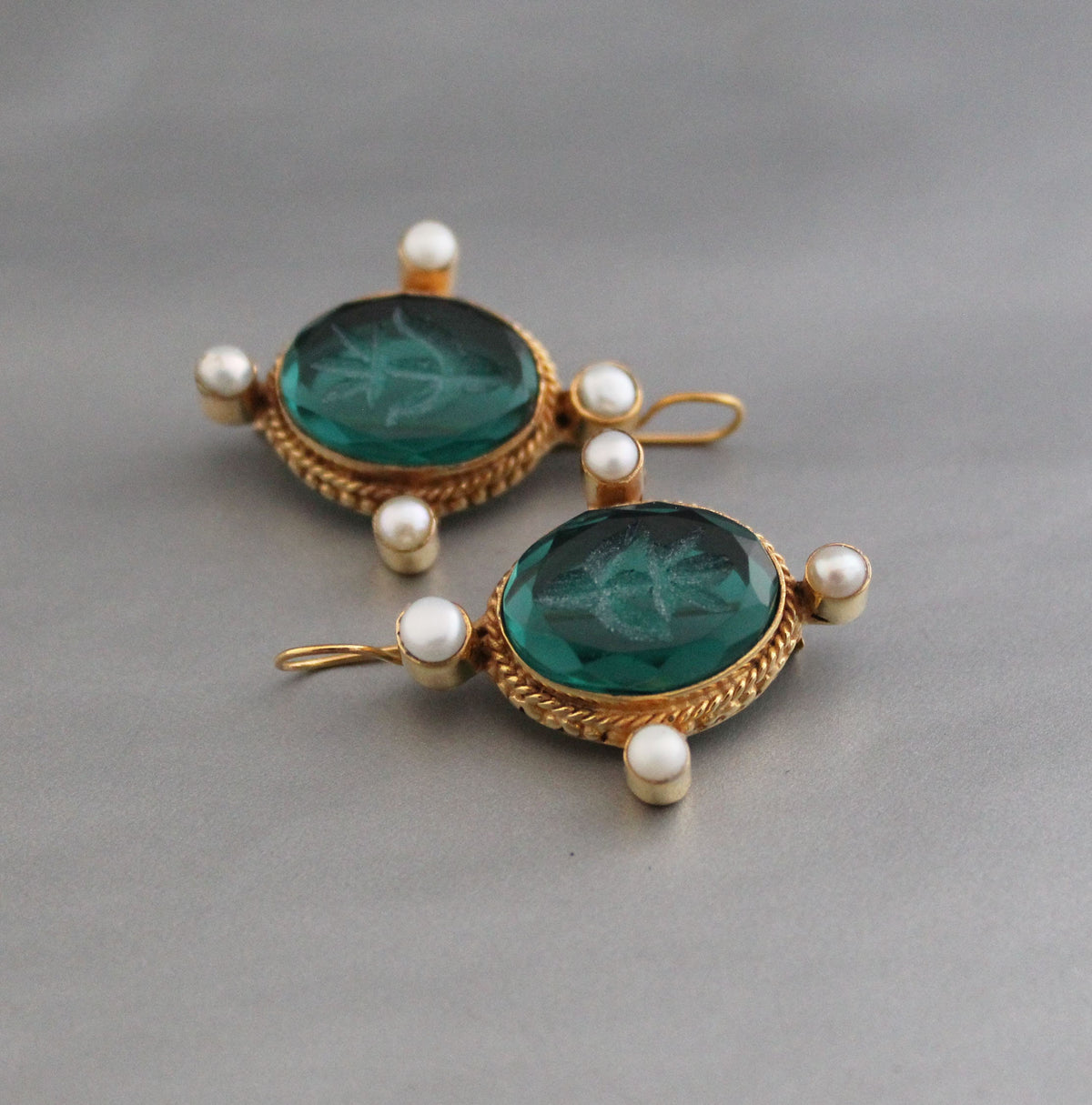 Green Glass Intaglio Earrings, Edwardian Style, Gold Vermeil with Pearls, photo 5