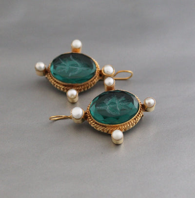 Green Glass Intaglio Earrings, Edwardian Style, Gold Vermeil with Pearls, photo 5