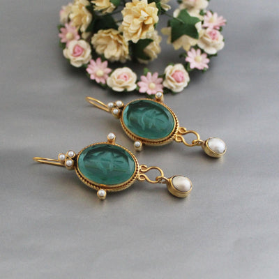 Green Intaglio Earrings, Victorian Style, 18K Gold