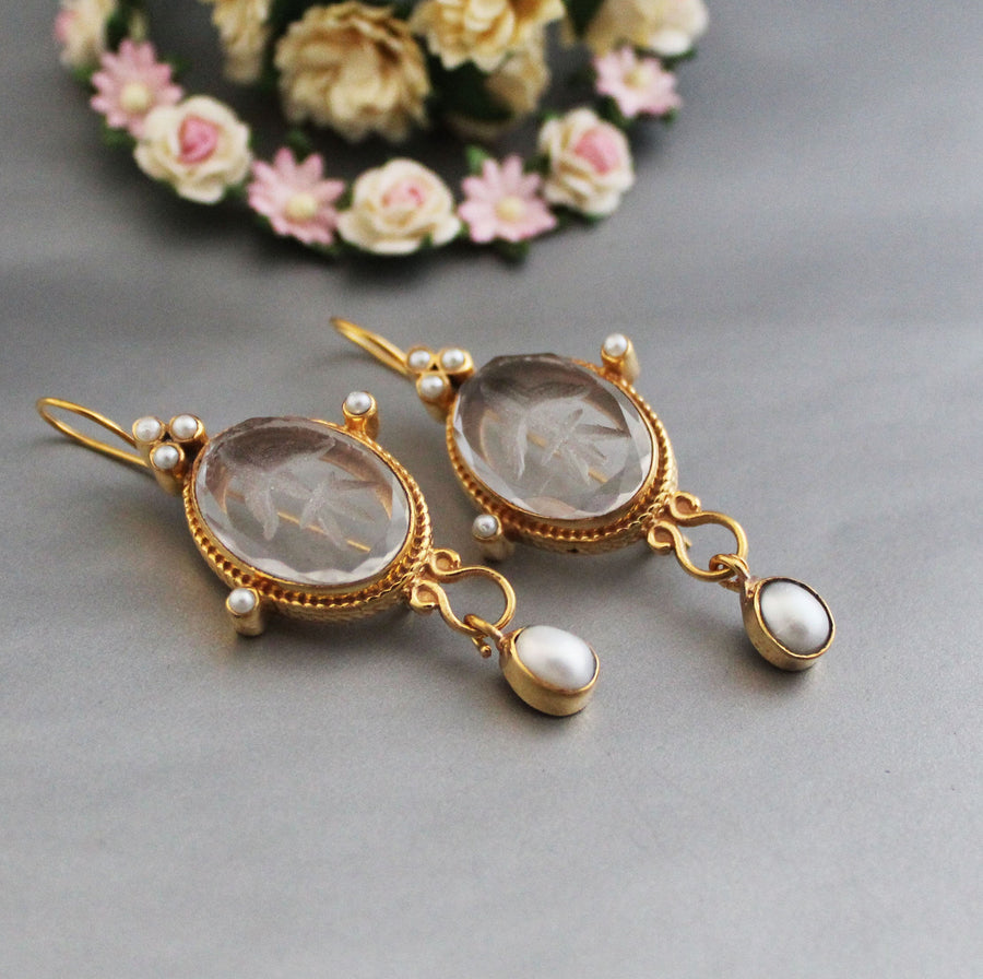 Intaglio Glass Earrings, Roman Style, Gold Vermeil with Pearls, photo 2