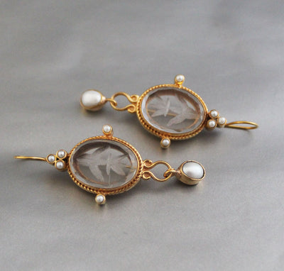 Intaglio Glass Earrings, Roman Style, Gold Vermeil with Pearls, photo 7