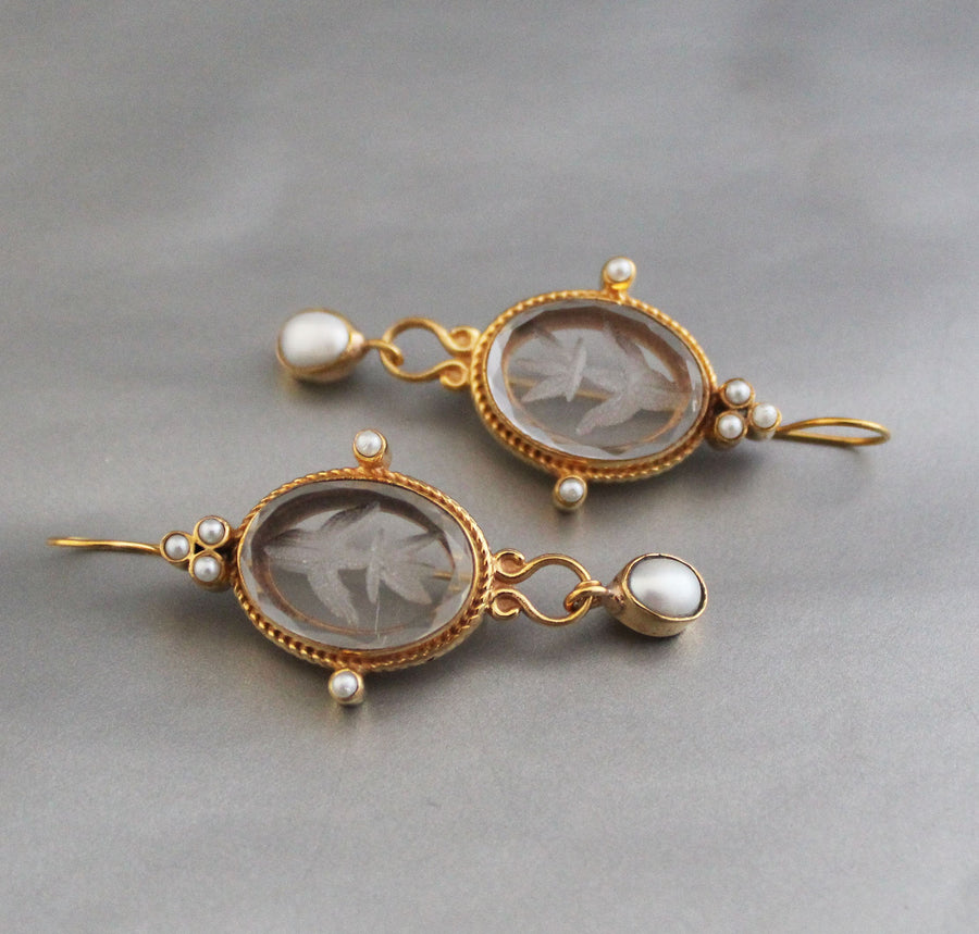 Intaglio Glass Earrings, Roman Style, Gold Vermeil with Pearls, photo 7