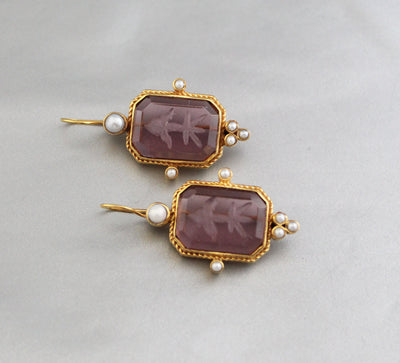 Purple Glass Intaglio Earrings, Art Deco Style, 14K Gold Plated, photo 9