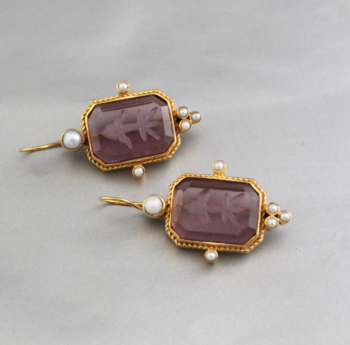 Purple Glass Intaglio Earrings, Art Deco Style, 14K Gold Plated, photo 8