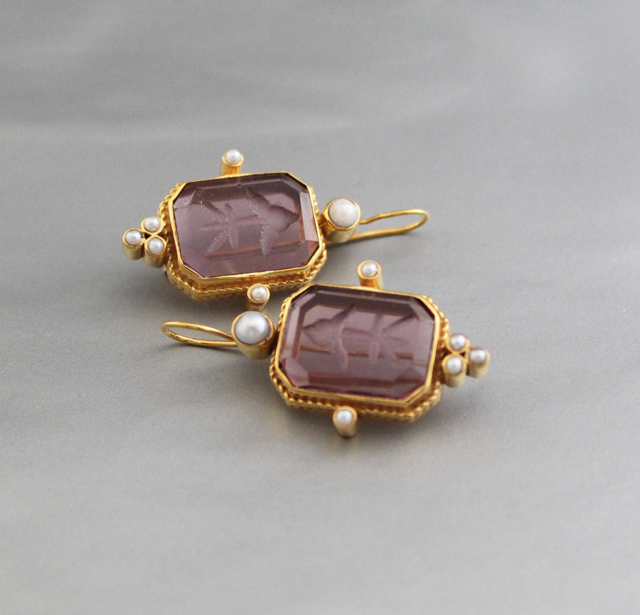 Purple Glass Intaglio Earrings, Art Deco Style, 14K Gold Plated, photo 5