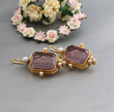 Purple Glass Intaglio Earrings, Art Deco Style, 14K Gold Plated, photo 7