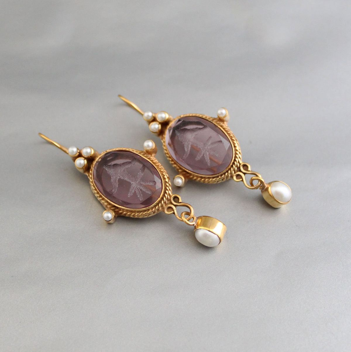 Purple Intaglio Earrings, Roman Style, Gold Vermeil Dangles, photo 8