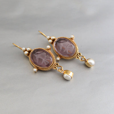 Purple Intaglio Earrings, Roman Style, Gold Vermeil Dangles, photo 8