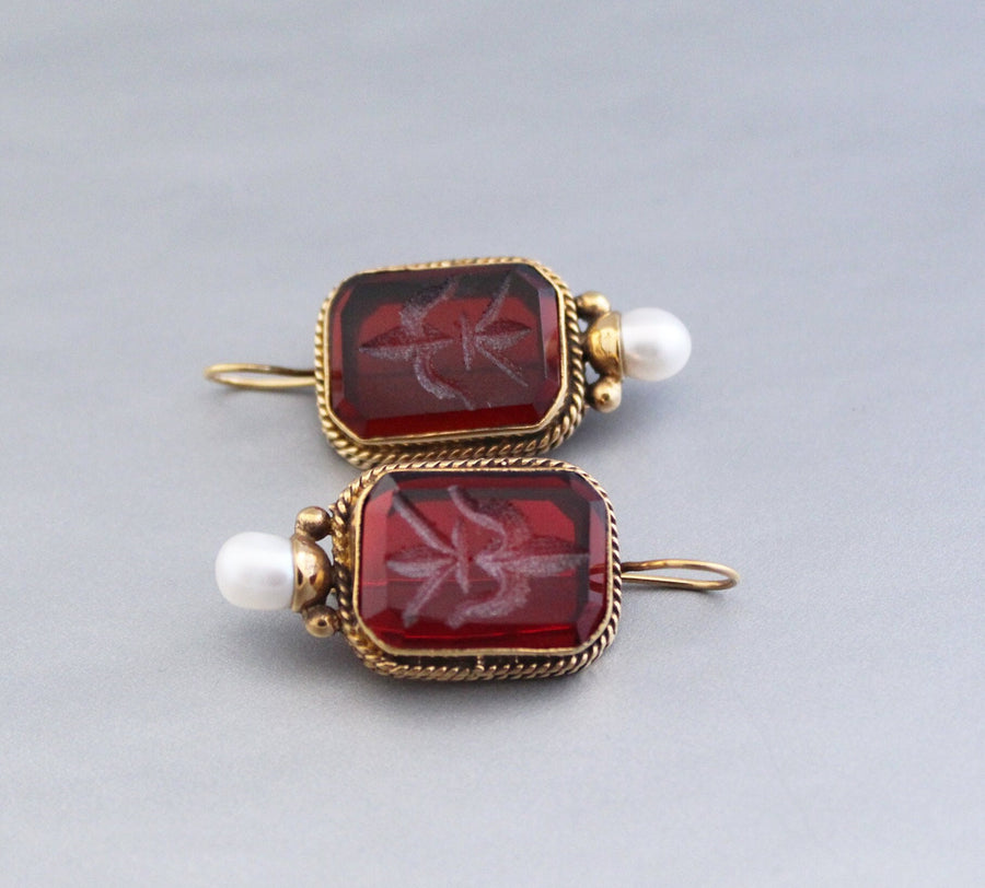 Red Intaglio Earrings, Victorian Art Deco Pearl Style, photo 2