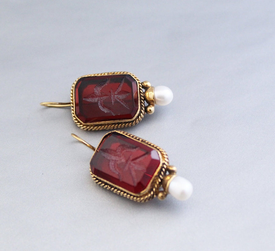 Red Intaglio Earrings, Victorian Art Deco Pearl Style, photo 6