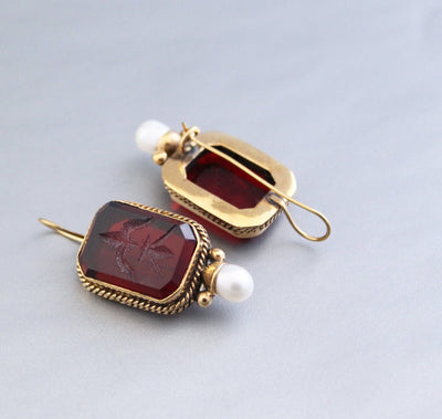 Red Intaglio Earrings, Victorian Art Deco Pearl Style, photo 4