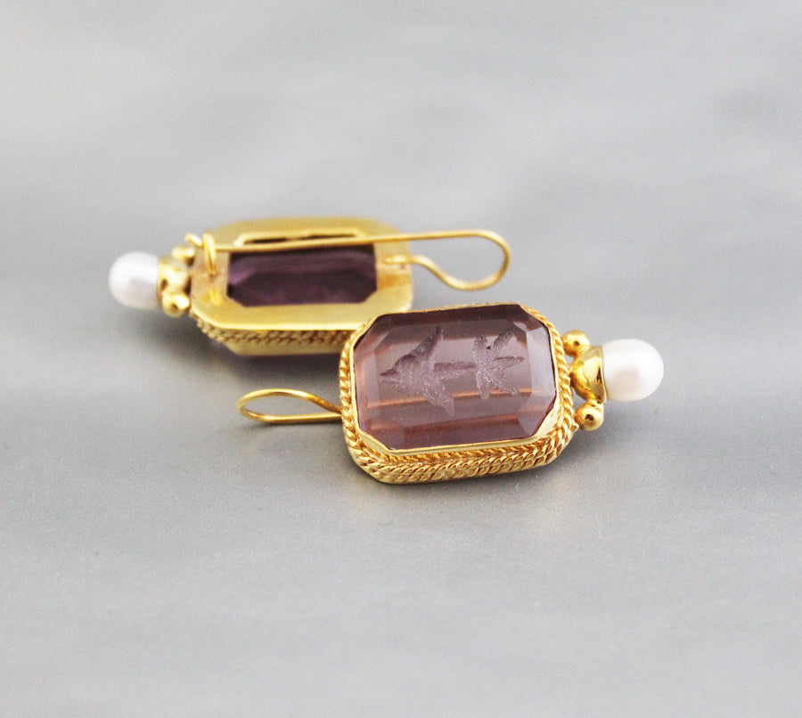 Intaglio Glass Hoop Earrings, Victorian Art Deco Pearl Drops, Brass, photo 7