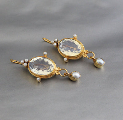 Opal Intaglio Earrings, Victorian Statement, 18K Gold Plated, photo 7