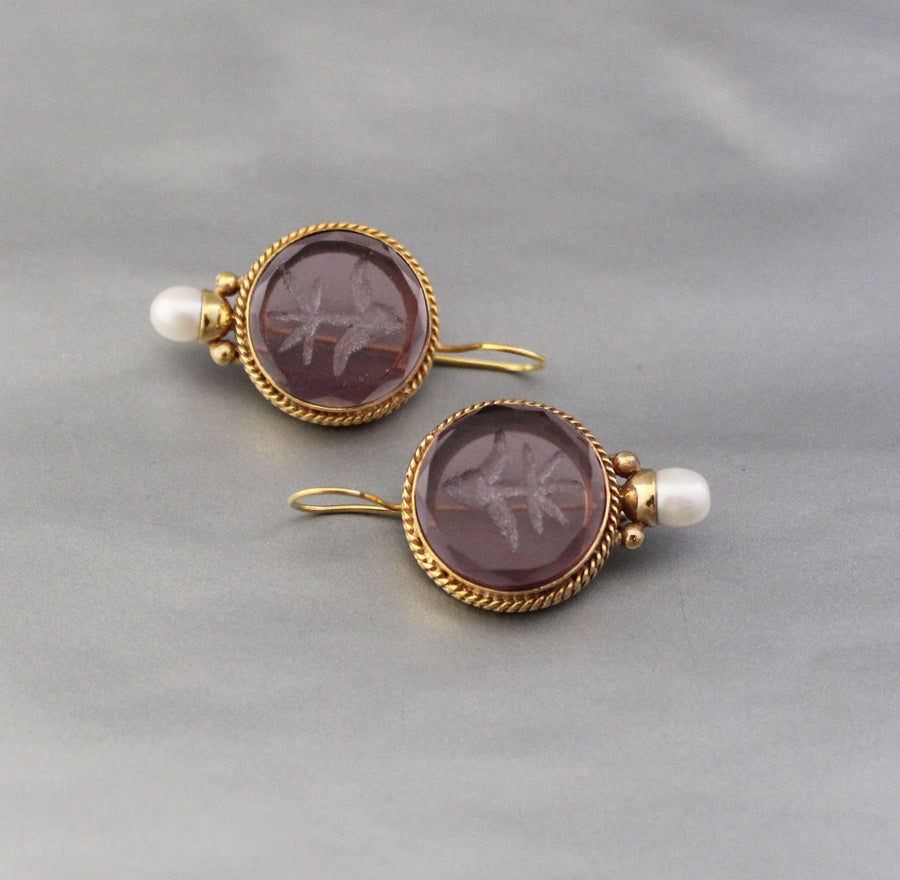 Purple Glass Intaglio Earrings, Victorian Amethyst Drops, Gold Vermeil, photo 8