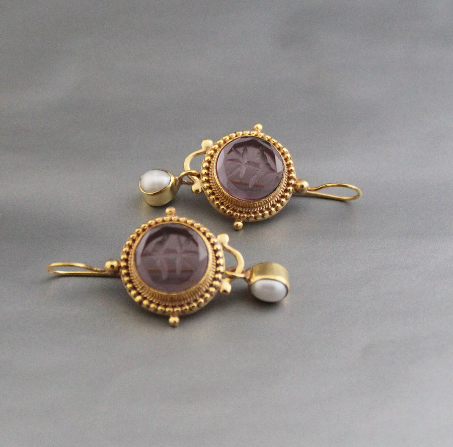 Purple Intaglio Glass Earrings, Vintage Drops, Gold Vermeil, photo 6