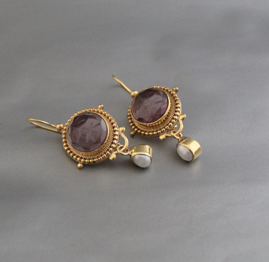 Purple Intaglio Glass Earrings, Vintage Drops, Gold Vermeil, photo 7