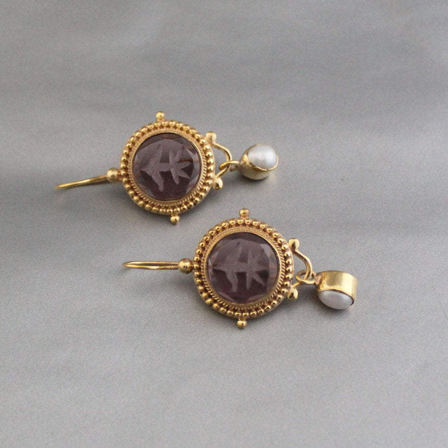 Purple Intaglio Glass Earrings, Vintage Drops, Gold Vermeil, photo 5