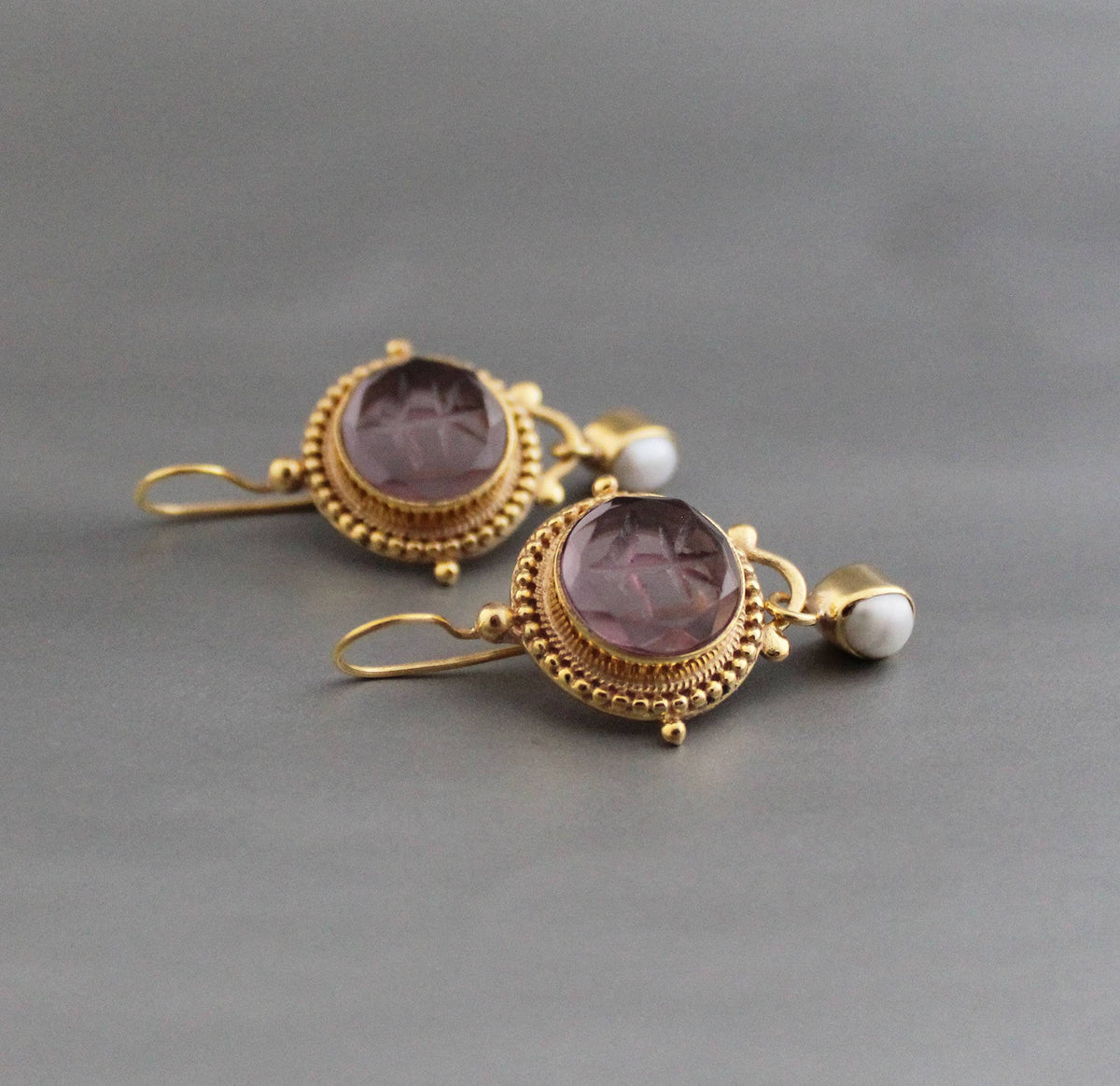 Purple Intaglio Glass Earrings, Vintage Drops, Gold Vermeil, photo 10