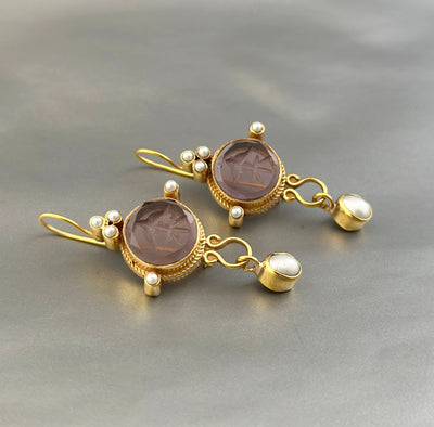 Purple Round Intaglio Earrings, 1920s Art Deco Style, Gold Plated, photo 10