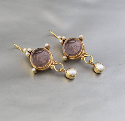 Purple Round Intaglio Earrings, 1920s Art Deco Style, Gold Plated, photo 6