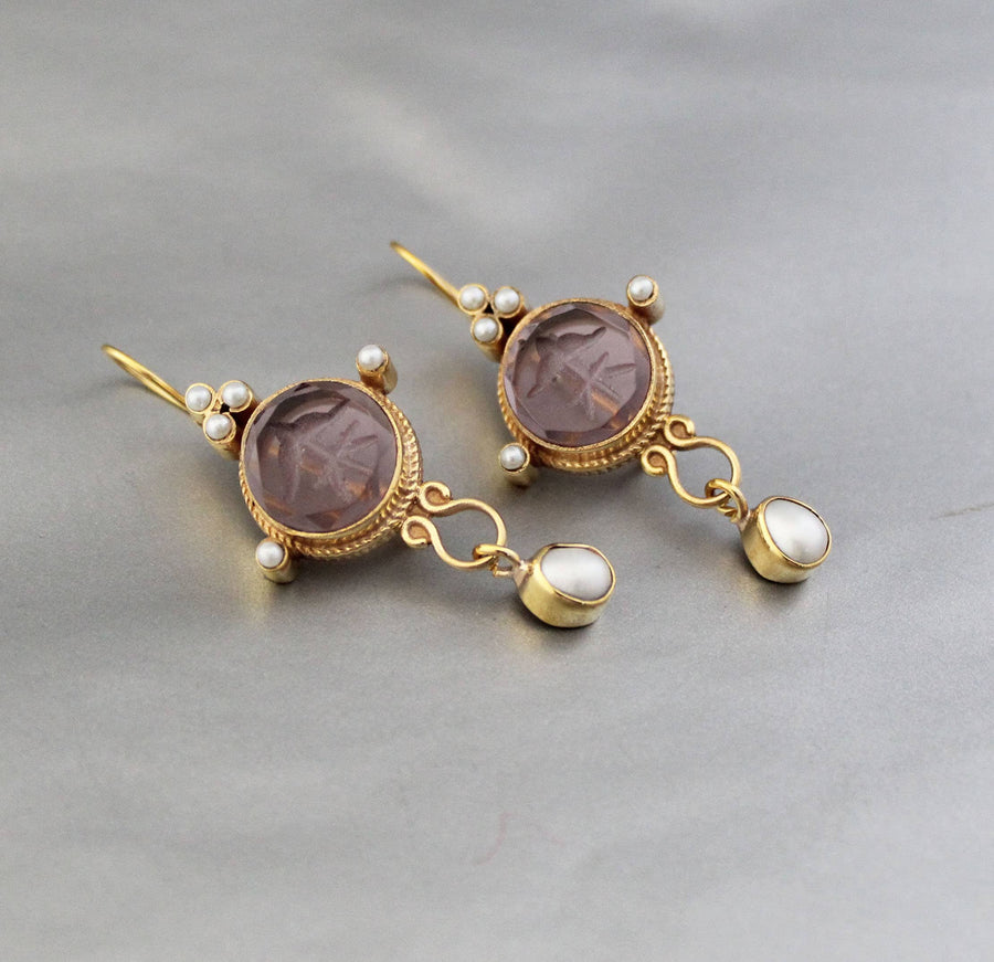 Purple Round Intaglio Earrings, 1920s Art Deco Style, Gold Plated, photo 6
