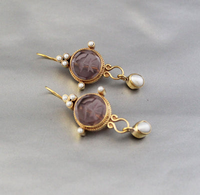 Purple Round Intaglio Earrings, 1920s Art Deco Style, Gold Plated, photo 4