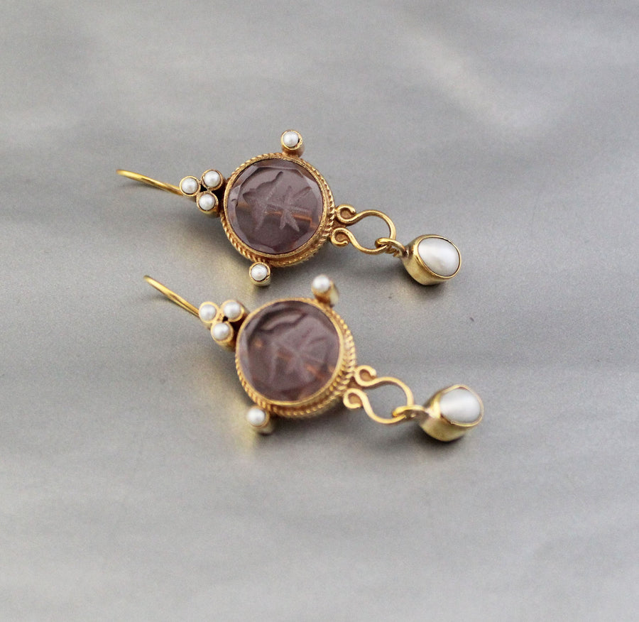 Purple Round Intaglio Earrings, 1920s Art Deco Style, Gold Plated, photo 4