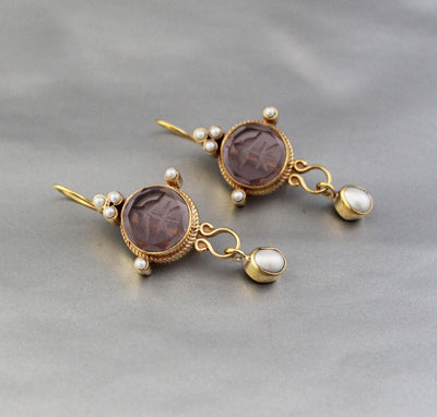 Purple Round Intaglio Earrings, 1920s Art Deco Style, Gold Plated, photo 2