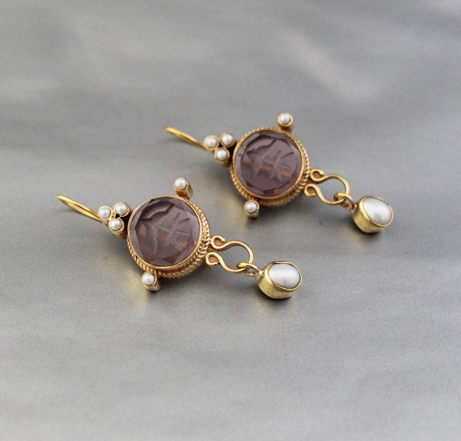 Purple Round Intaglio Earrings, 1920s Art Deco Style, Gold Plated, photo 2