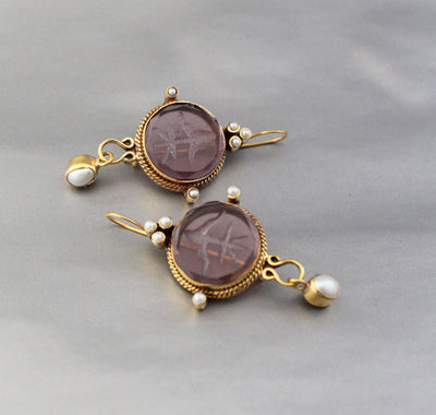 Purple Fleur-de-lis Intaglio Earrings, Gold and Pearl, photo 9