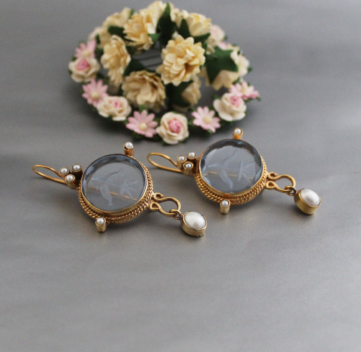 Blue Intaglio Glass Earrings, Victorian Pearl Dangles, photo 10