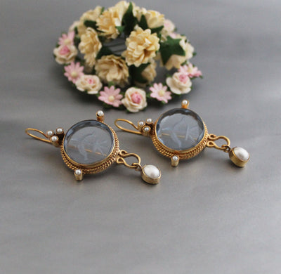 Blue Intaglio Glass Earrings, Victorian Pearl Dangles, photo 10