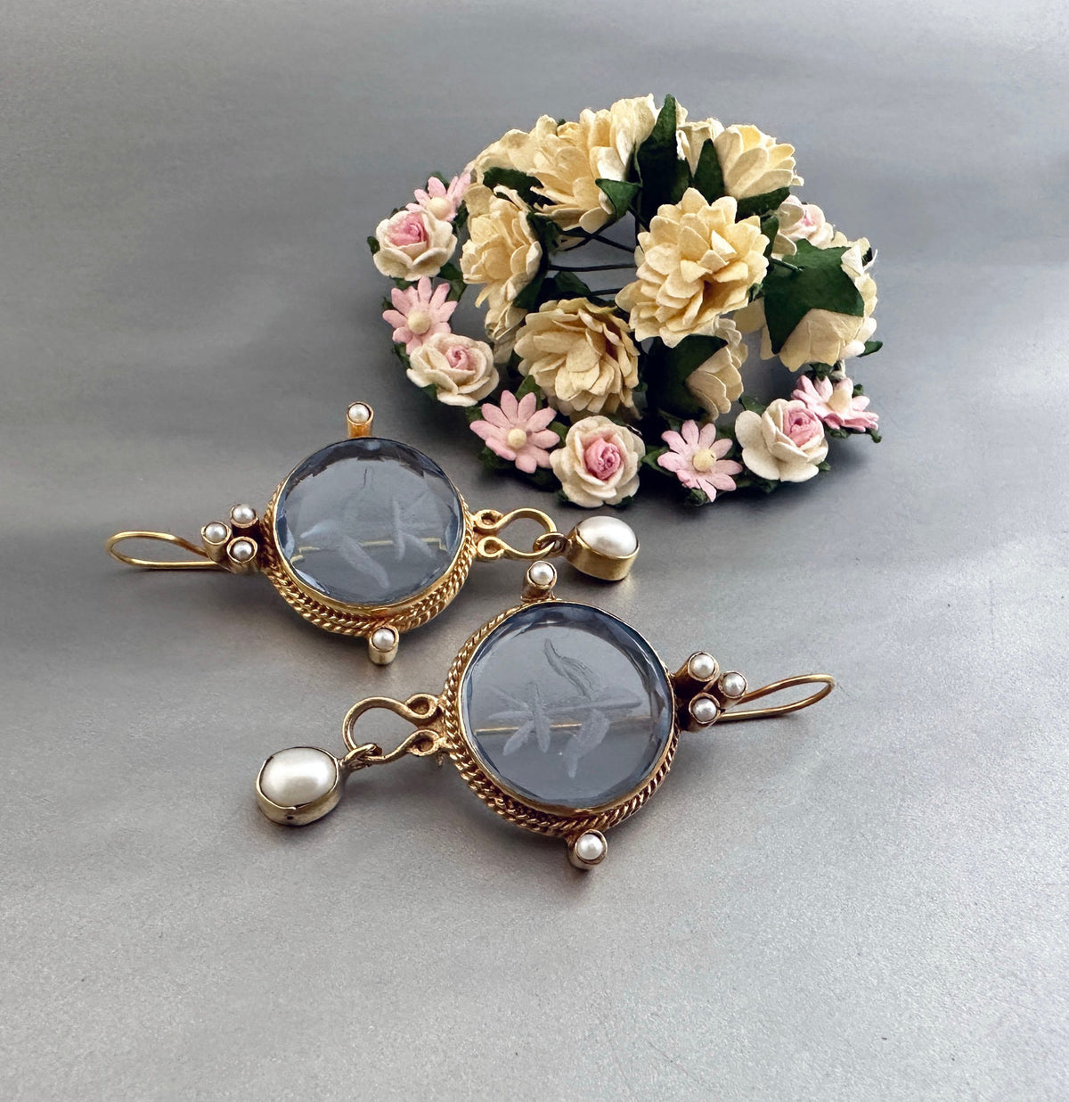 Blue Intaglio Glass Earrings, Victorian Pearl Dangles, photo 9