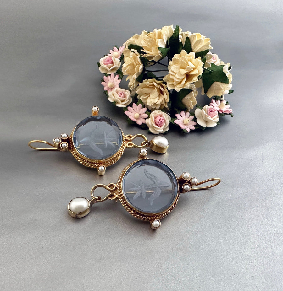 Blue Intaglio Glass Earrings, Victorian Pearl Dangles, photo 9