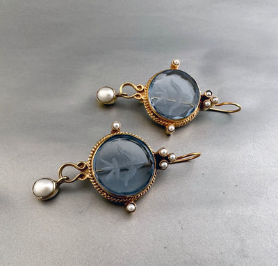 Blue Intaglio Glass Earrings, Victorian Pearl Dangles, photo 7