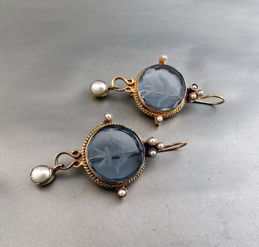 Blue Intaglio Glass Earrings, Victorian Pearl Dangles, photo 7