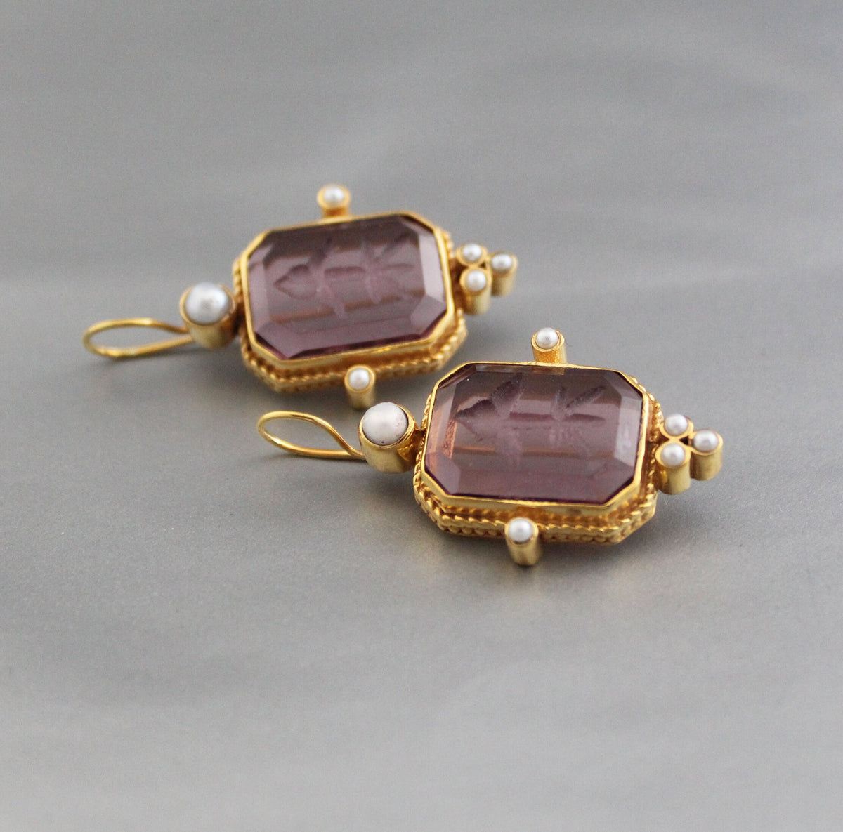 Purple Glass Intaglio Earrings, Art Deco Style, 14K Gold Plated, photo 6