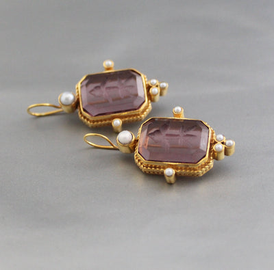 Purple Glass Intaglio Earrings, Art Deco Style, 14K Gold Plated, photo 6