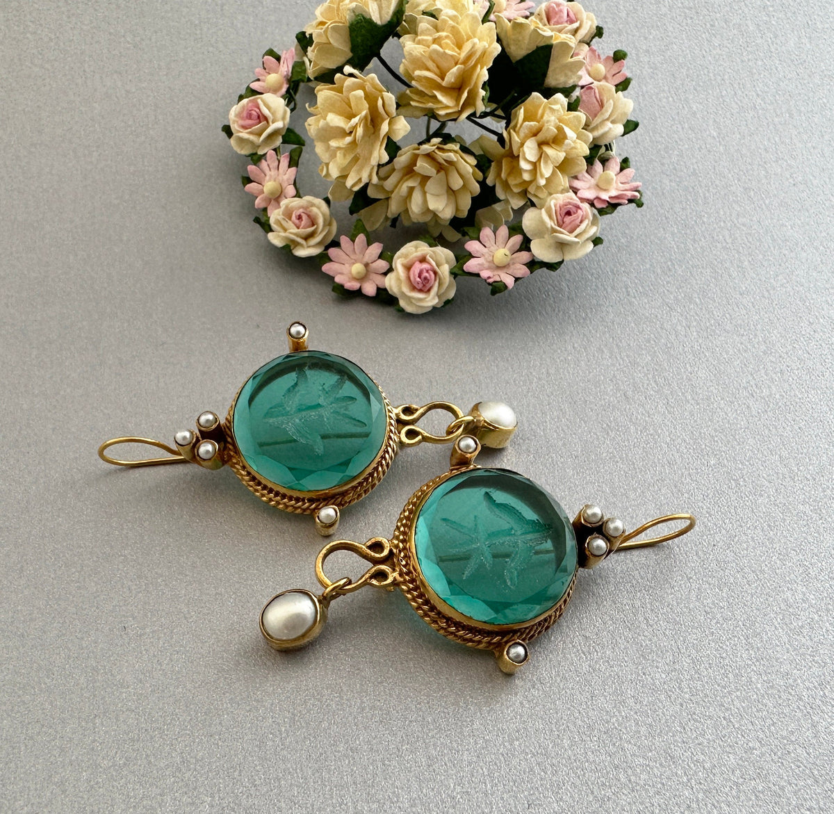 Green Intaglio Statement Earrings, Bridal Gold, photo 2