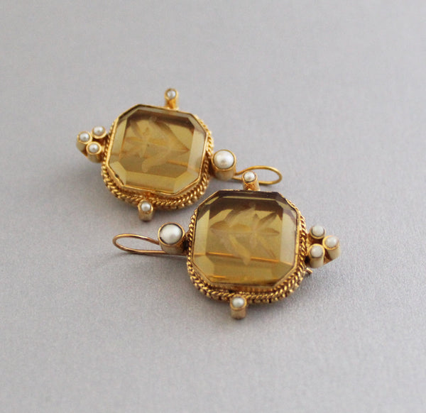 Yellow Square Intaglio Earrings, Edwardian Art Nouveau Style, Gold Plated