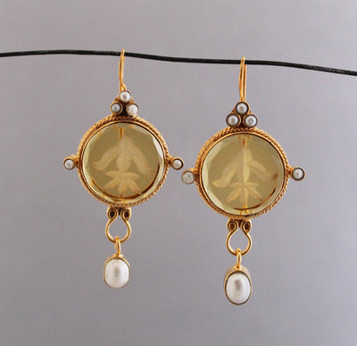 Fleur-de-lis Intaglio Earrings, Victorian Style, 14K Gold, photo 5